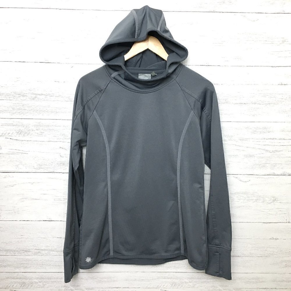 Athleta Women's Grey Hoodie Pullover Plush Tech Scuba Fleece Thumbholes Medium